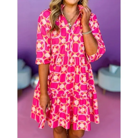 NEW! Watermelon Color Floral V Neck Ruffled Knee Length Flowy Dress! - Picture 3 of 6